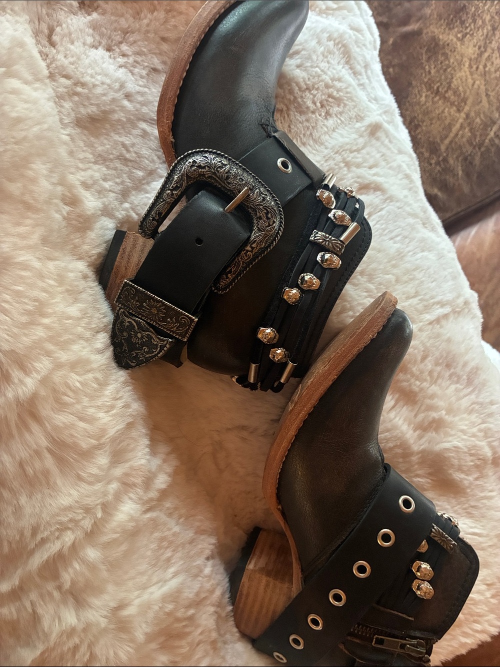 Freebird by Steven Black Leather Western Buckle Booties with Stud Detail